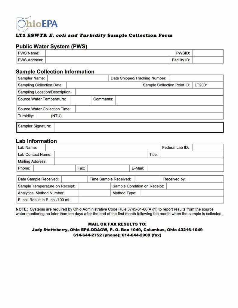 Ohio EPA - LT2 Sample Ecoli and Turbidity Data Entry Form
