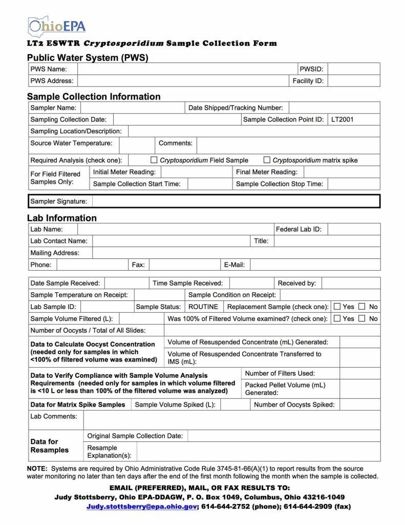 Ohio EPA - LT2 Sample Data Entry Form